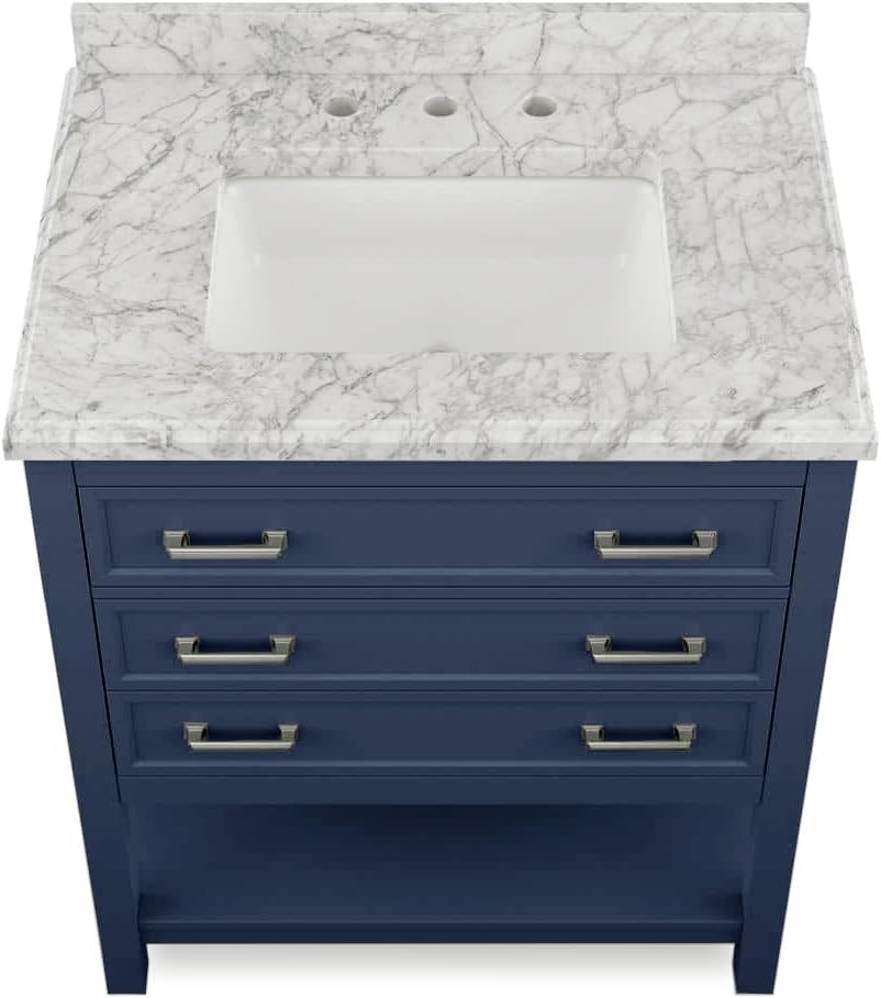 Furniture of America Genevieve 31 inch Modern Bathroom Vanity with Sink, Wood Cabinet with Carrera Marble Top, Soft-Closing Drawers and Open Shelf, Blue