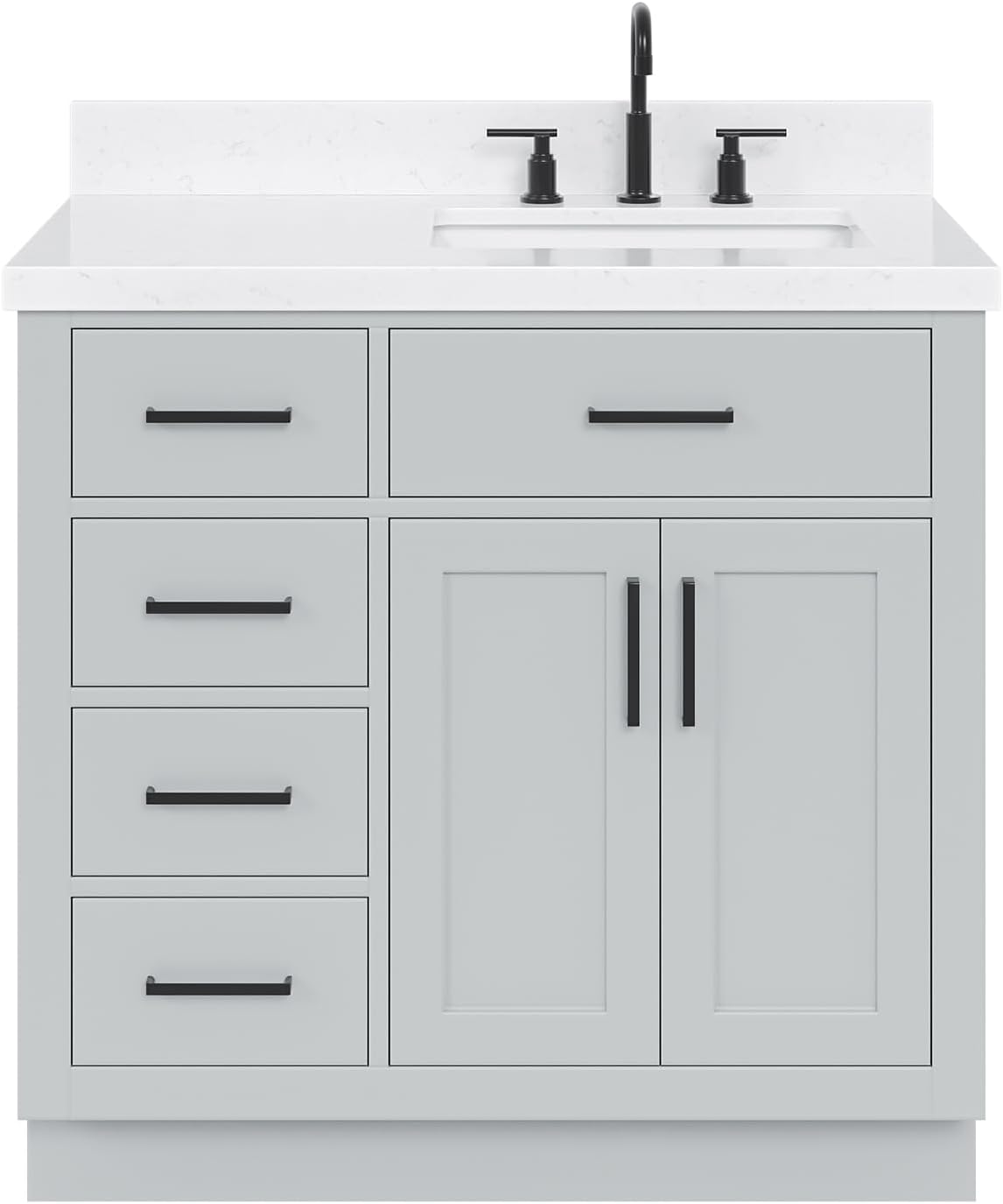 ARIEL Hepburn 36-inch Bathroom Vanity with Sink,Solid Wood, 1.5-inch Carrara White Quartz Countertop & Backsplash, Single Rectangular Porcelain Sink, 2 Soft Closing Doors, 5 Dovetail Drawers, Grey