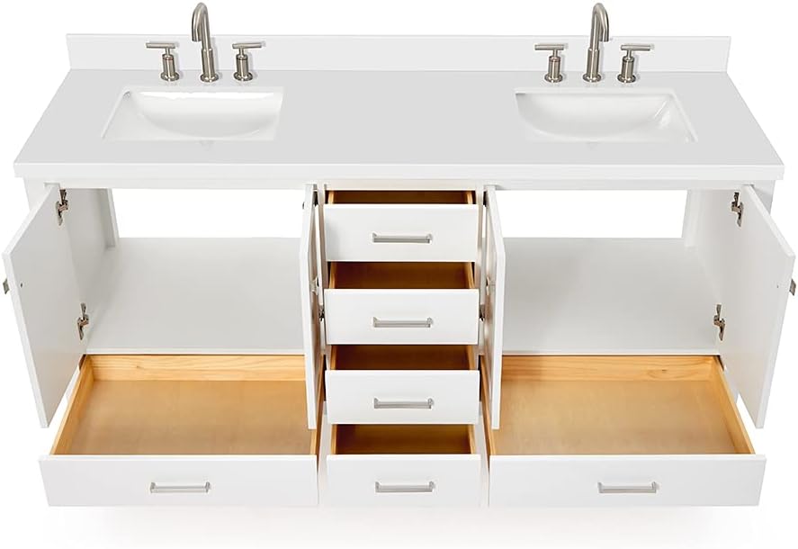 DKB Beckford 72 Inch Bathroom Vanity Double Sink — White Bathroom Vanity with Sink, 1.5' Edge Pure White Quartz Countertop & Backsplash, 4 Soft-Close Doors, 6 Dovetail Drawers
