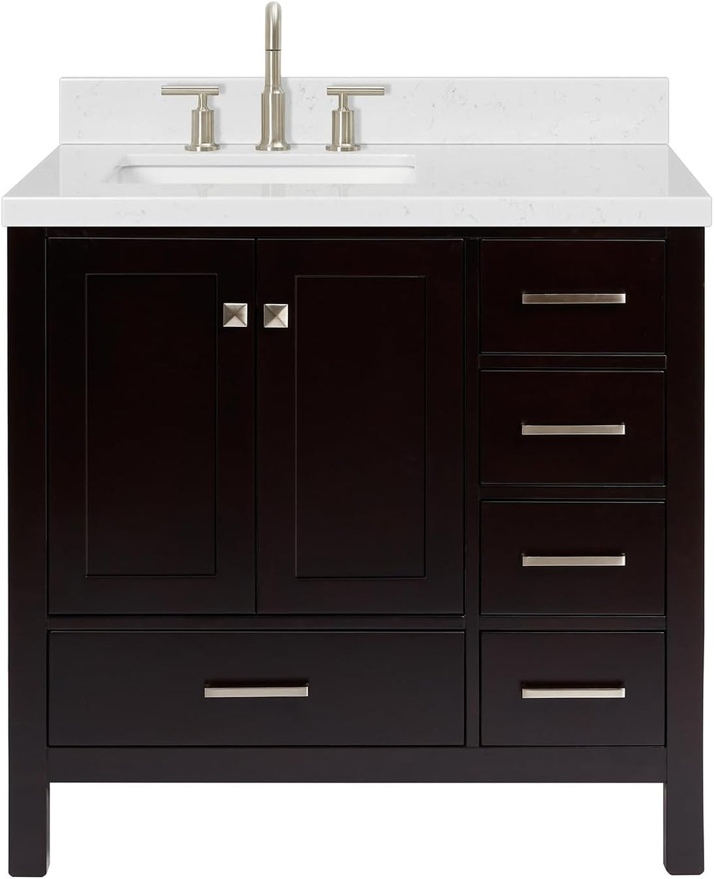 ARIEL Cambridge 36-inch Bathroom Vanity with Sink,Solid Wood, 1.5-inch Carrara White Quartz Countertop, Single Rectangular Porcelain Sink, 2 Soft Closing Doors, 5 Dovetail Drawers, Espresso