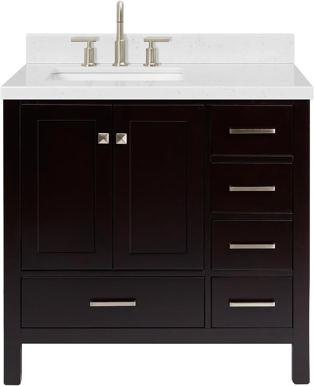 ARIEL Cambridge 36-inch Bathroom Vanity with Sink,Solid Wood, 1.5-inch Carrara White Quartz Countertop, Single Rectangular Porcelain Sink, 2 Soft Closing Doors, 5 Dovetail Drawers, Espresso