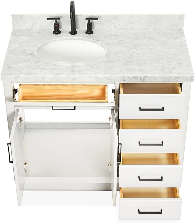 ARIEL Hepburn 43' Inch Left Offset Oval Sink Vanity with 1.5' Edge Carrara White Countertop in White