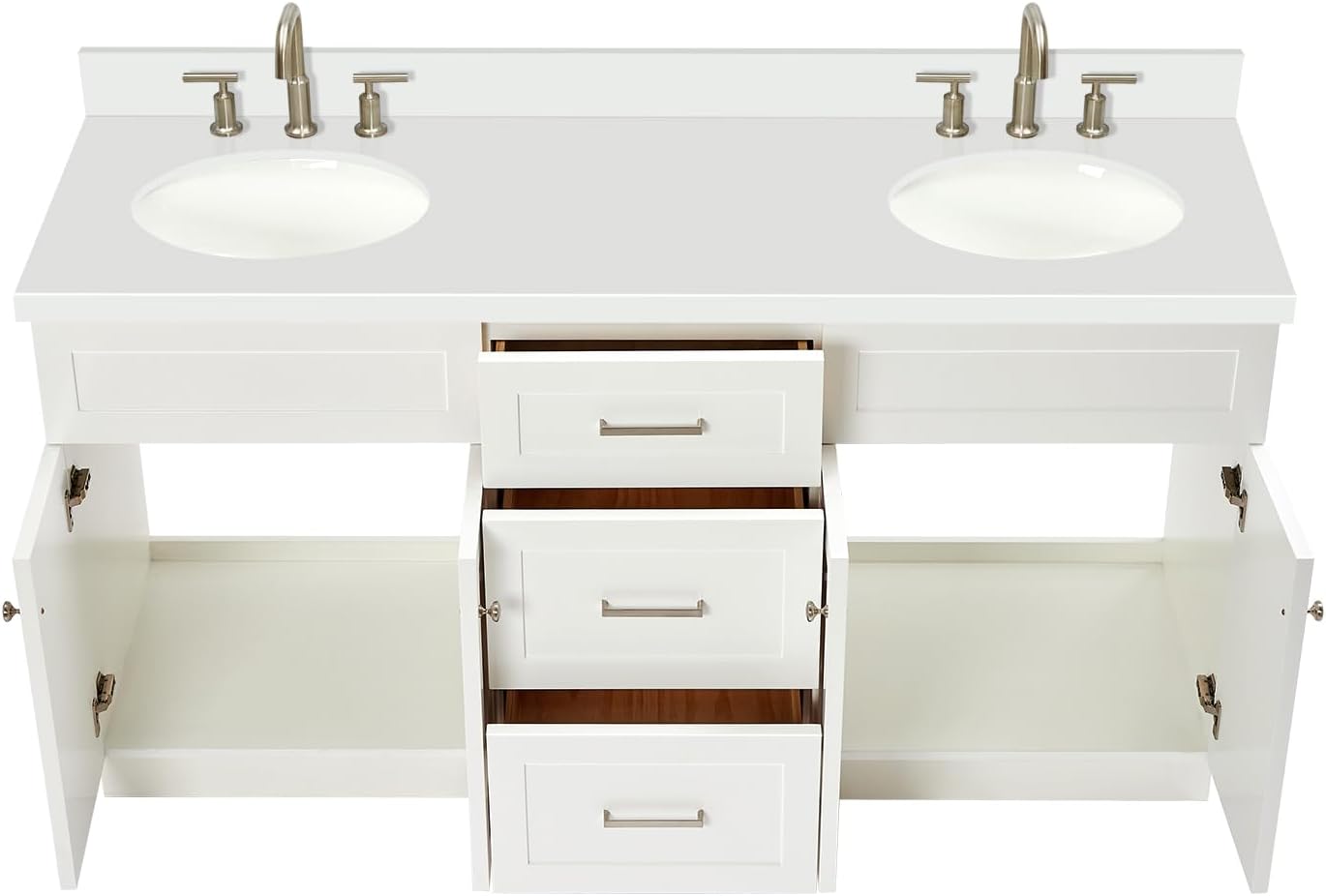 DKB Bradford 66-Inch White Double Bathroom Vanity, 1.5-Inch Pure White Quartz Countertop & Backsplash, Double Oval Undermount Sinks, 2 Soft Closing Doors, 3 Dovetail Drawers, Toe Kick, Brushed Nickel