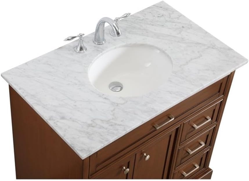 Pemberly Row Contemporary 36' Wood Bathroom Vanity, Brown Teak Finish, Italian Carrara Marble Top, Oval Porcelain Undermount Sink, 3 Drawers, 2 Doors, Freestanding Design for Home or Office Bathrooms