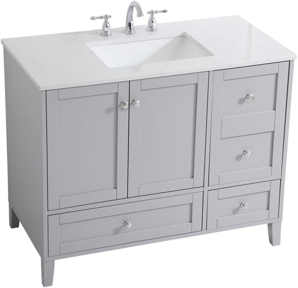 Pemberly Row 42' Traditional Bathroom Vanity, Gray Finish, Quartz Top with Porcelain Undermount Sink, MDF and Rubberwood Construction, Brushed Nickel Hardware, Freestanding Design for Bathroom Use