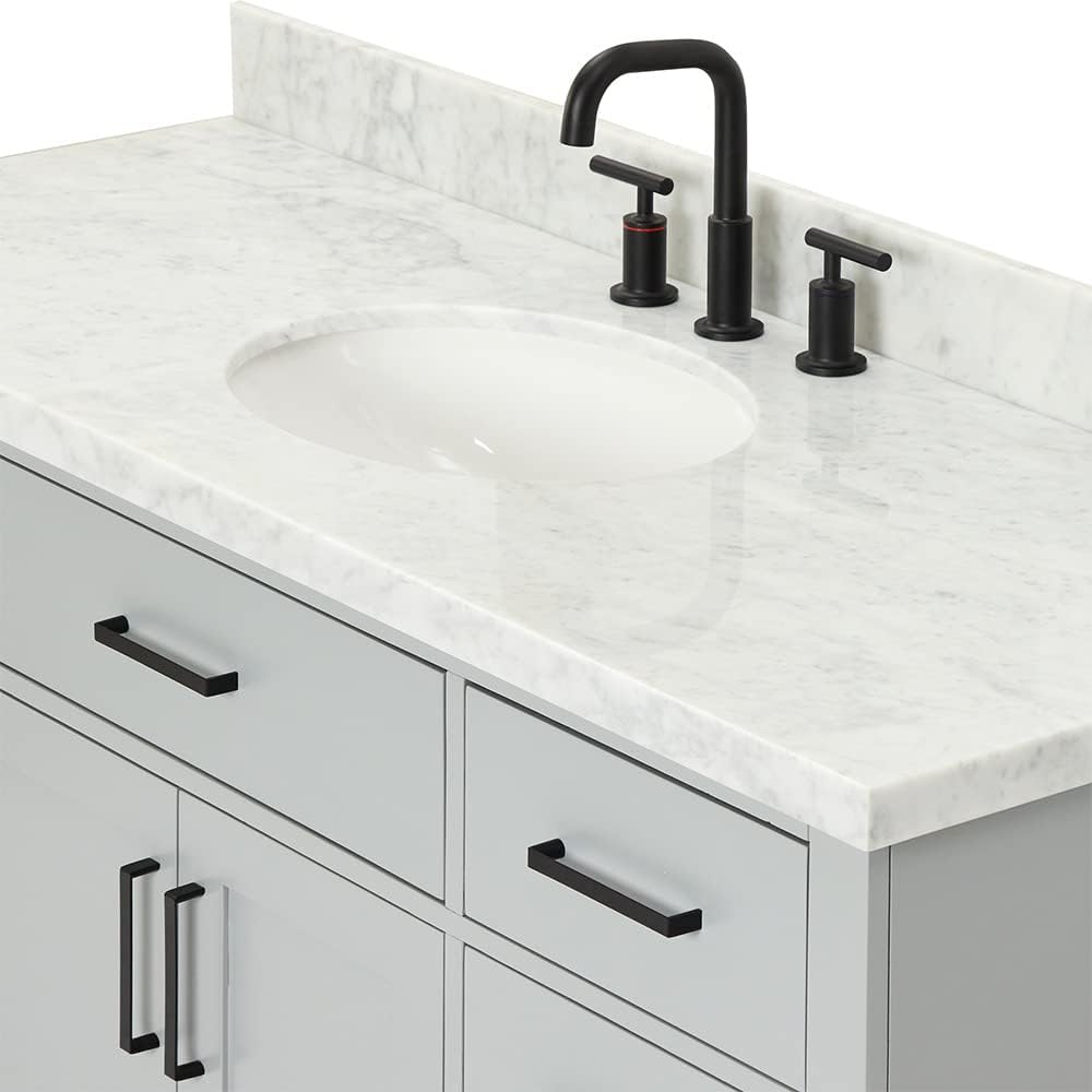 ARIEL Hepburn 54-inch Bathroom Vanity with Sink,Solid Wood, 1.5-inch Italian Carrara Marble Countertop & Backsplash, Single Oval Porcelain Sink, 2 Soft Closing Doors, 9 Dovetail Drawers, Grey