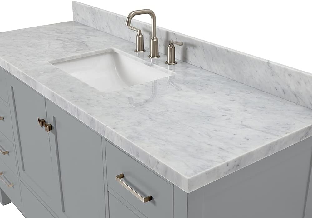 ARIEL Cambridge 60-inch Bathroom Vanity with Sink,Solid Wood, 1.5-inch Italian Carrara Marble Countertop, Single Rectangular Porcelain Sink, 2 Soft Closing Doors, 9 Dovetail Drawers, Grey