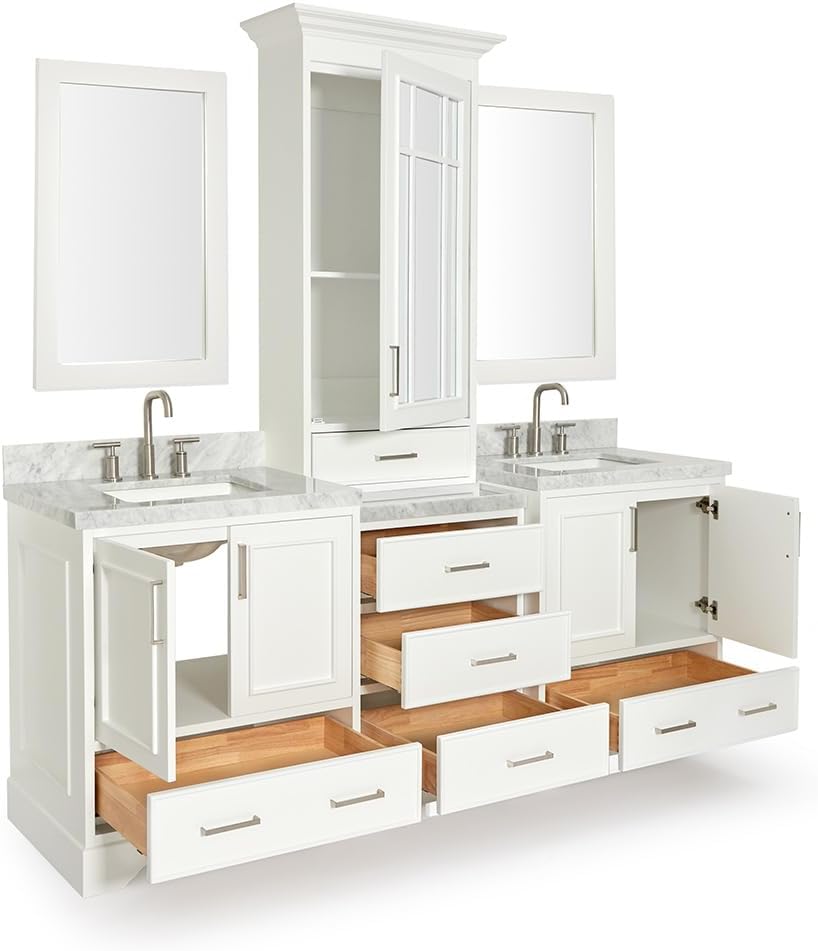 ARIEL Stafford 84-inch Bathroom Vanity with Sink,Solid Wood, 1.5-inch Italian Carrara Marble Countertop, Double Rectangular Porcelain Sink, 5 Soft Closing Doors, 6 Dovetail Drawers, White