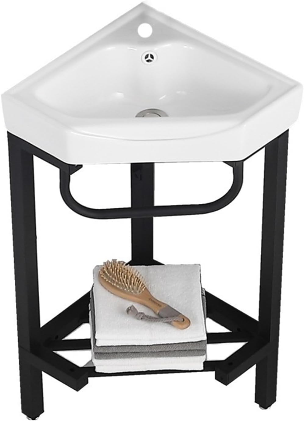 Bathroom Pedestal Sink Corner Bathroom Vanity Sink with Stainless Steel Storage Stand, Triangular Ceramic Basin Top Console Sink Freestanding Sink with Faucet & Drain and(A 42CM)