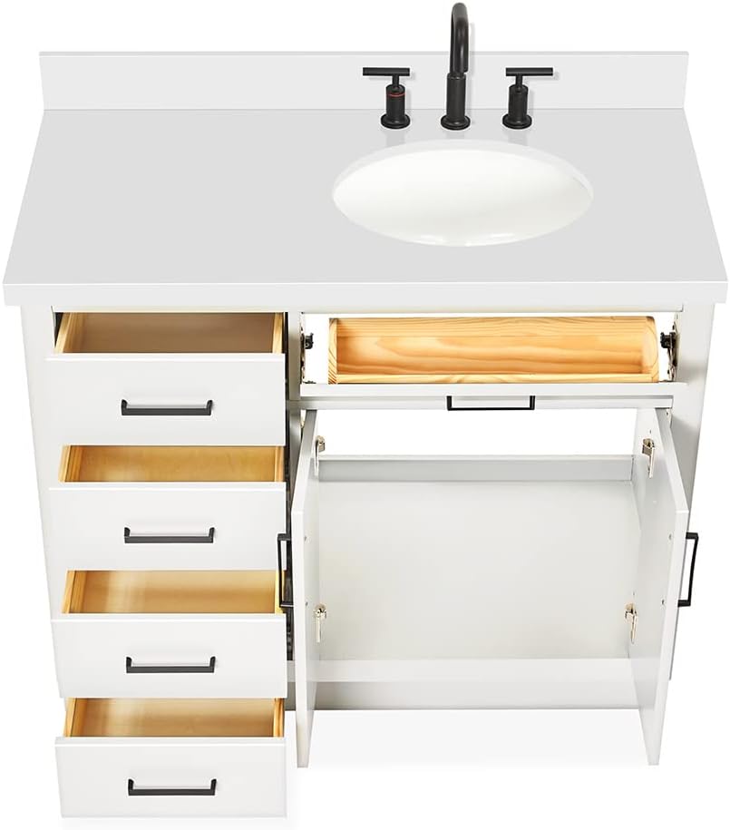 DKB Isabella 42-Inch White Bathroom Vanity with Sink, 1.5-Inch Pure White Quartz Countertop, Solid Wood Frame, Right Oval Undermount Sink, 2 Soft Closing Doors, 5 Dovetail Drawers, Toe Kick