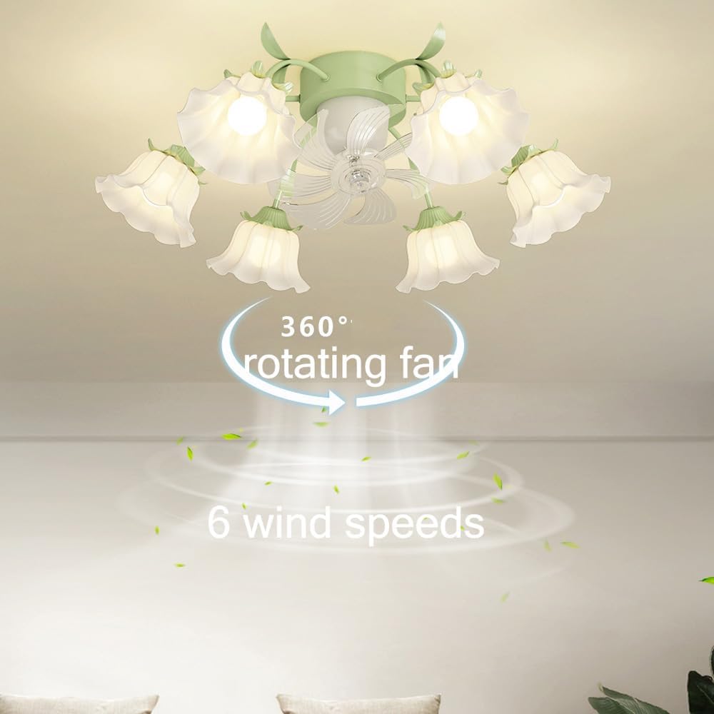 6 Light Flower Ceiling Fan with Lights Remote Control Reversible Fan 360° Oscillating Ceiling Fan Light Milk Glass Modern Fan Light Girls Ceiling Fan Light for Bedroom Living Room Dining Room