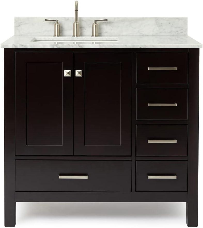 ARIEL Cambridge 36-inch Bathroom Vanity with Sink,Solid Wood, 0.75-inch Italian Carrara Marble Countertop, Single Rectangular Porcelain Sink, 2 Soft Closing Doors, 5 Dovetail Drawers, Espresso