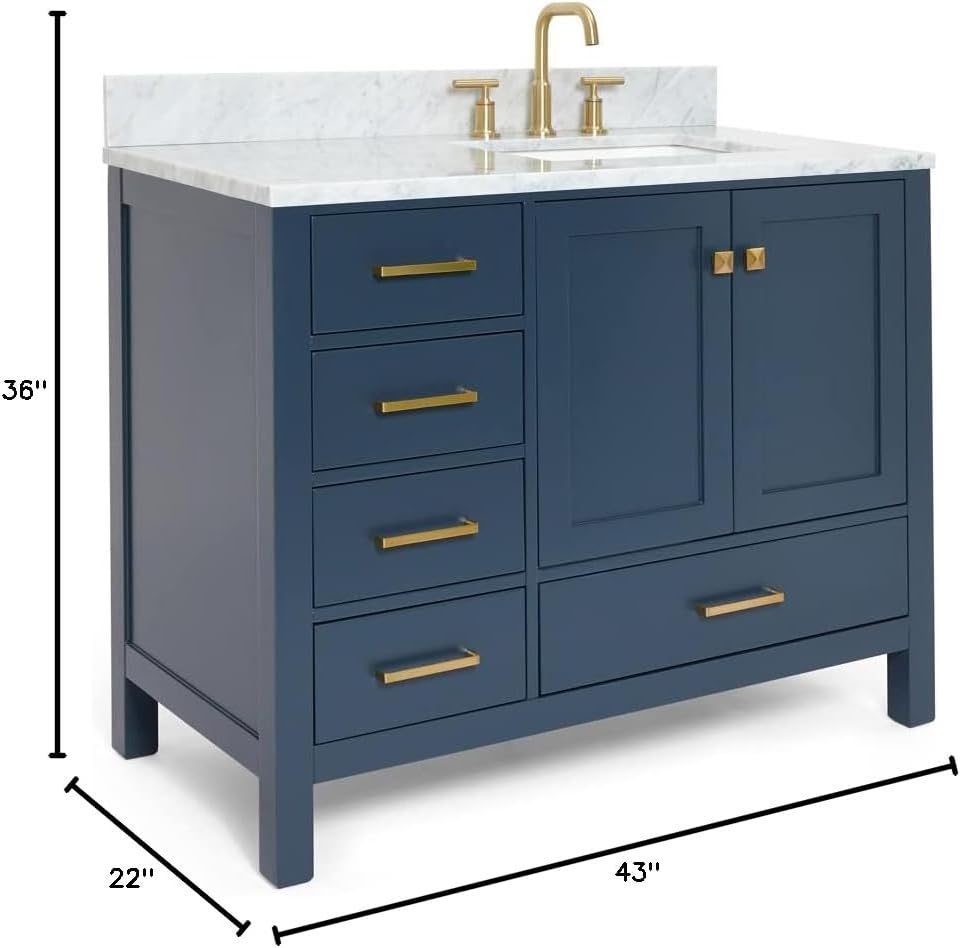 ARIEL Cambridge 43 in. Right Offset Rectangle Single Sink Vanity with Carrara White Marble Countertop in Midnight Blue