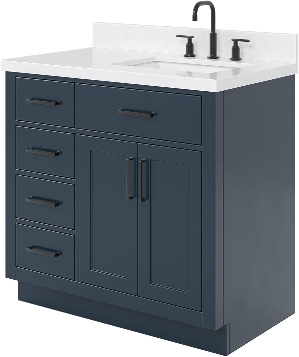 ARIEL Hepburn 36-inch Bathroom Vanity with Sink,Solid Wood, 1.5-inch Carrara White Quartz Countertop, Single Rectangular Porcelain Sink, 2 Soft Closing Doors, 5 Dovetail Drawers, Midnight Blue