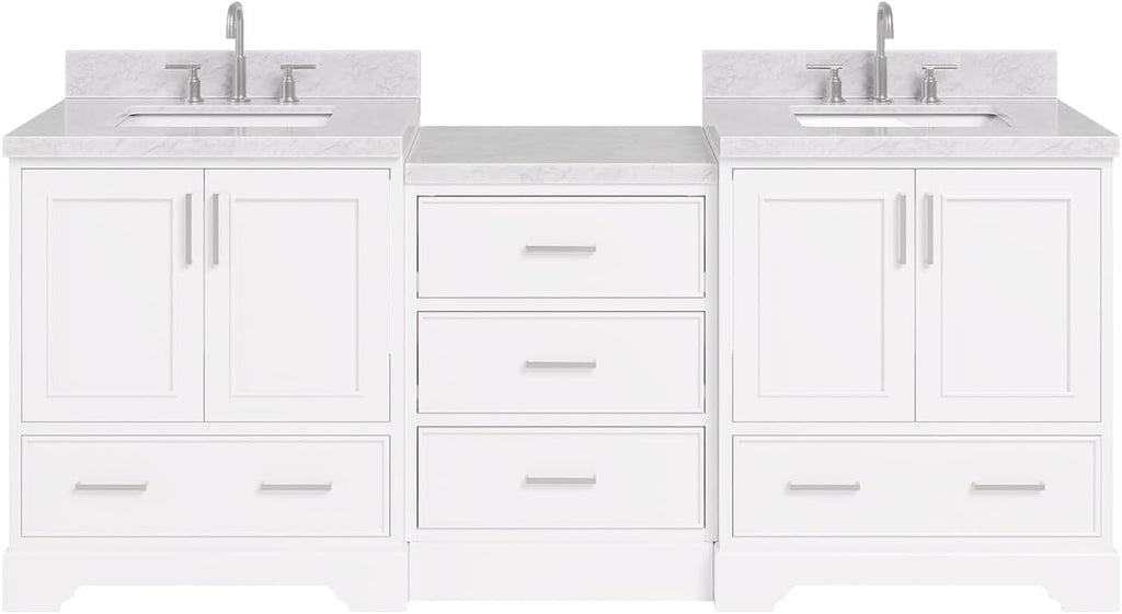 ARIEL Stafford 84-inch Bathroom Vanity with Sink,Solid Wood, 1.5in Italian Carrara Marble Countertop & Backsplash, Double Rectangular Porcelain Sink, 4 Soft Closing Doors, 5 Dovetail Drawers, White