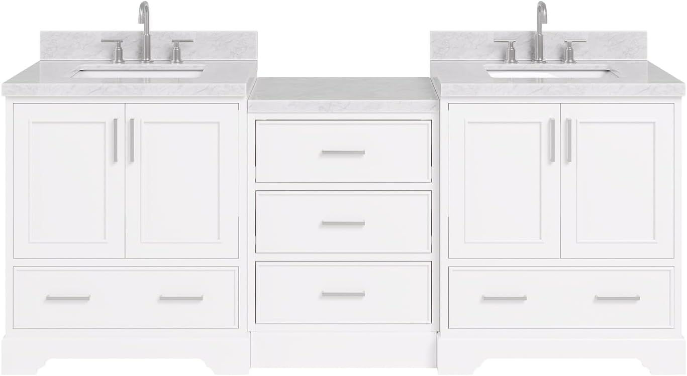 ARIEL Stafford 84-inch Bathroom Vanity with Sink,Solid Wood, 1.5in Italian Carrara Marble Countertop & Backsplash, Double Rectangular Porcelain Sink, 4 Soft Closing Doors, 5 Dovetail Drawers, White
