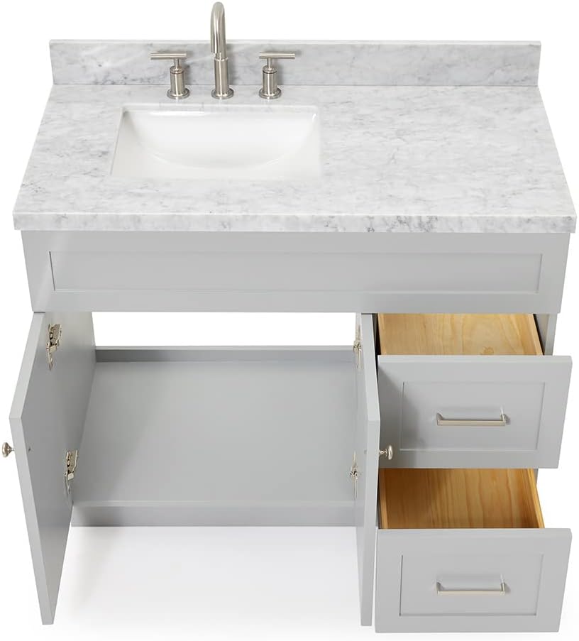 ARIEL 36-Inch Grey Bathroom Vanity with Sink, Solid Wood Base, 1.5-Inch Edge Italian Carrara Marble Top, Left Rectangular Sink, 2 Soft-Close Doors, 5 Drawers