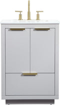 24' Pre-Assembled Bathroom Vanity with Sink, MDF Engineered Wood, Calacatta White Engineered Marble Countertop Attached, Single Rectangle Porcelain Sink, 1 Soft-Close Drawers, Grey