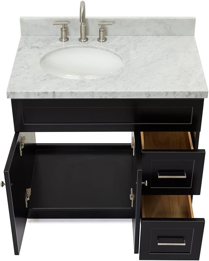DKB Bradford 36' Black Single Bathroom Vanity with Sink, 1.5' Edge Italian Carrara Marble Countertop, Oval Undermount Sink, 2 Soft-Closing Doors, 2 Dovetail Drawers