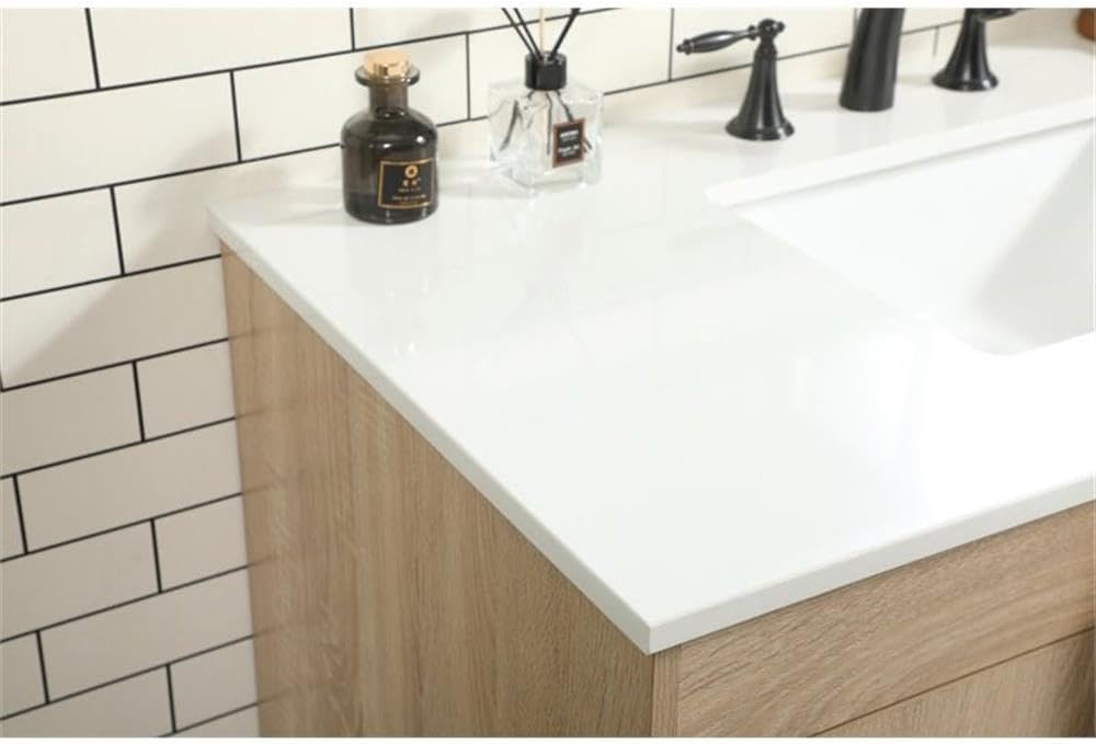 Pemberly Row 42' Aluminum MDF Bathroom Vanity, Mango Wood Finish, Ivory White Quartz Countertop, Porcelain Sink with Overflow, Soft Closing Hinges, 3 Drawers, Modern Style for Bathroom Storage