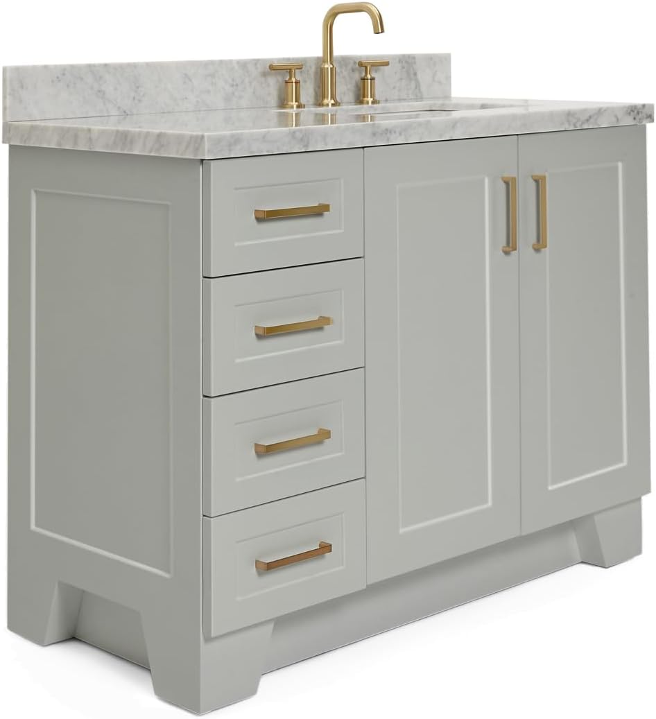 ARIEL Taylor 42-inch Bathroom Vanity with Sink,Solid Wood, 1.5-inch Italian Carrara Marble Countertop & Backsplash, Single Rectangular Porcelain Sink, 2 Soft Closing Doors, 5 Dovetail Drawers, Grey