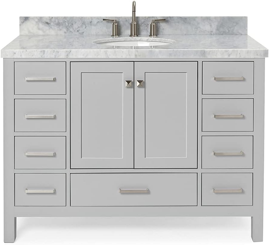 ARIEL Cambridge 48-inch Bathroom Vanity with Sink,Solid Wood, 1.5-inch Italian Carrara Marble Countertop & Backsplash, Single Oval Porcelain Sink, 2 Soft Closing Doors, 9 Dovetail Drawers, Grey