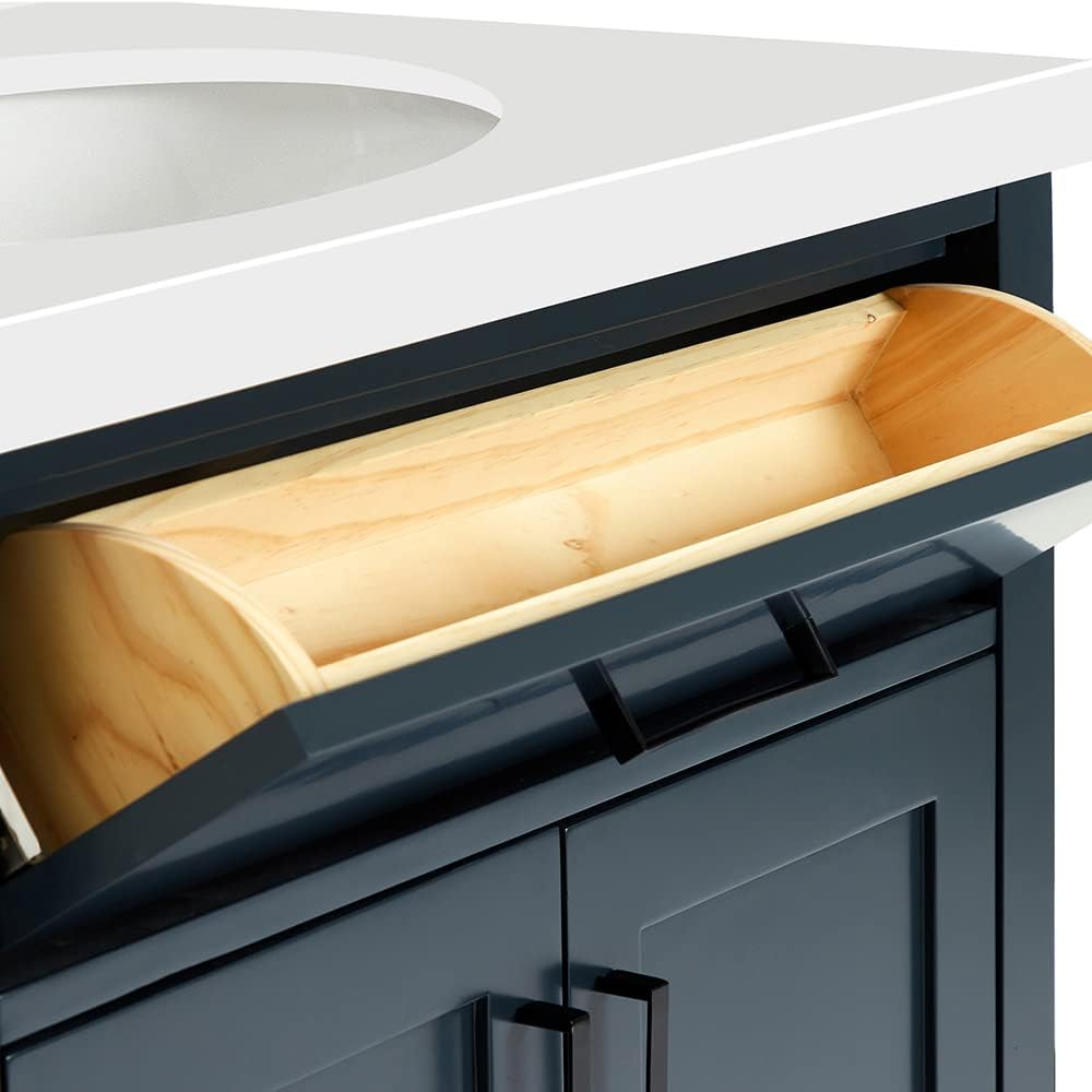 ARIEL Hepburn 30-inch Bathroom Vanity with Sink,Solid Wood, 1.5-inch Pure White Quartz Countertop & Backsplash, Single Oval Porcelain Sink, 2 Soft Closing Doors, 1 Dovetail Drawers, Midnight Blue