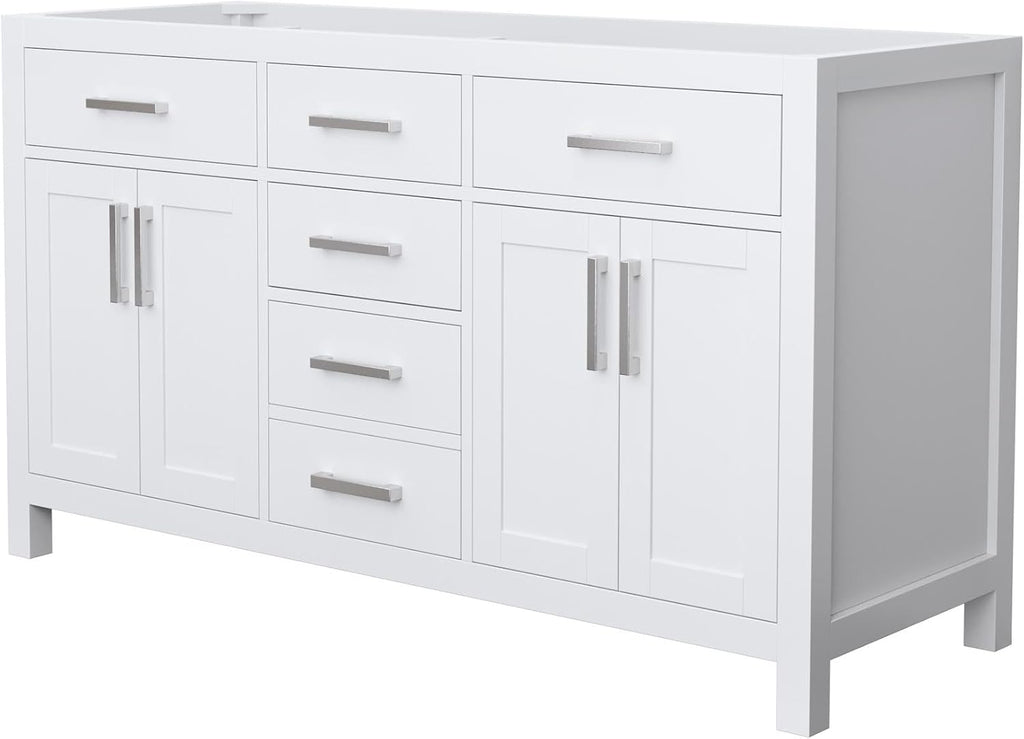 Wyndham Collection Beckett 60 Inch Double Bathroom Vanity in White, No Countertop, No Sinks, Brushed Nickel Trim