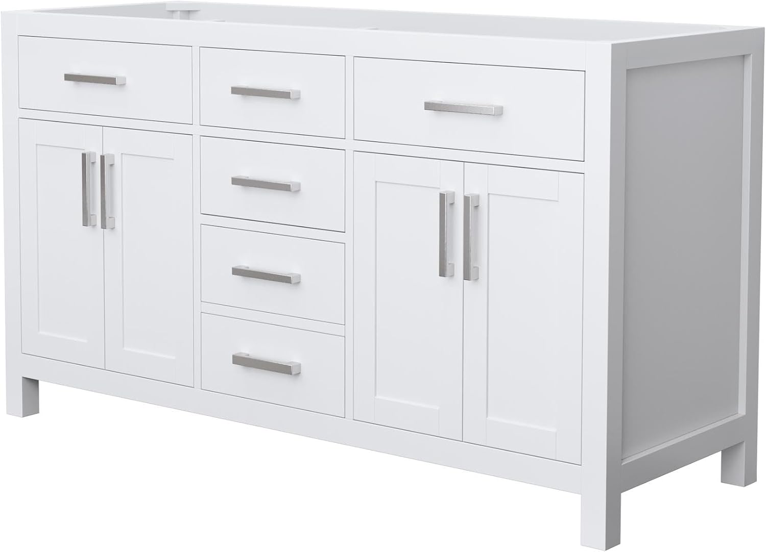 Wyndham Collection Beckett 60 Inch Double Bathroom Vanity in White, No Countertop, No Sinks, Brushed Nickel Trim