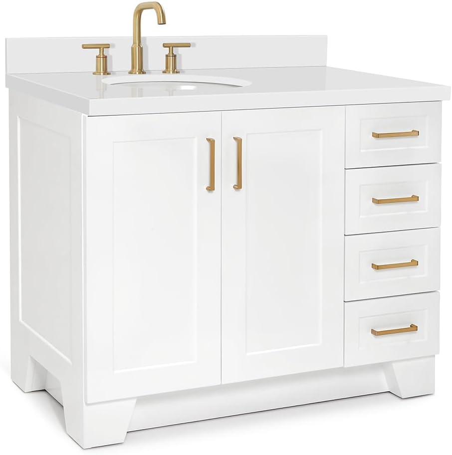 ARIEL Taylor 42-inch Bathroom Vanity with Sink,Solid Wood, 1.5-inch Pure White Quartz Countertop & Backsplash, Single Oval Porcelain Sink, 2 Soft Closing Doors, 5 Dovetail Drawers, White