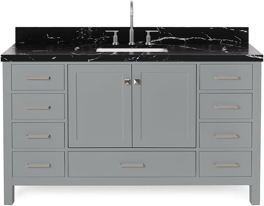 ARIEL Cambridge 60 Inch Single Rectangle Sink Bathroom Vanity with Nero Marquina Black Quartz Countertop 1.5 Inch in Grey
