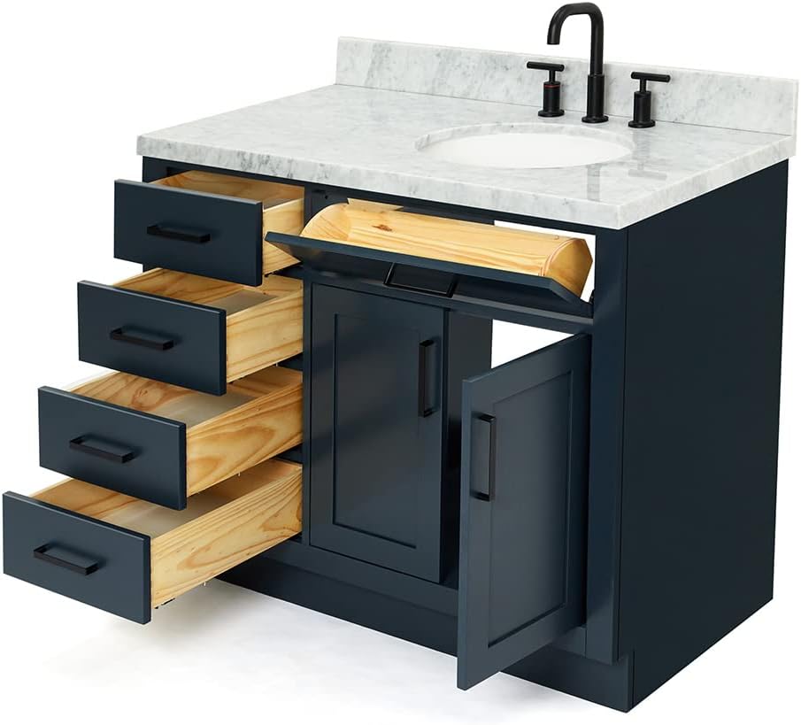 ARIEL Hepburn 43' Inch Right Offset Oval Sink Vanity with 1.5' Edge Carrara White Countertop in Midnight Blue