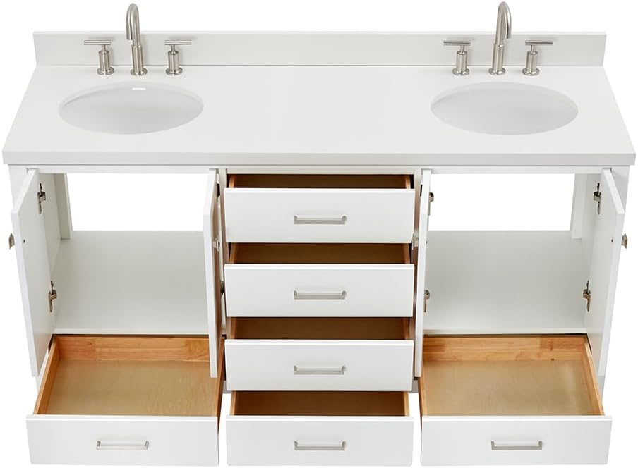 DKB Beckford 66-Inch White Double Bathroom Vanity with 1.5-Inch Pure White Quartz Countertop & Backsplash, Oval Sinks, 4 Soft Closing Doors, 6 Full Extension Dovetail Drawers, Brushed Nickel