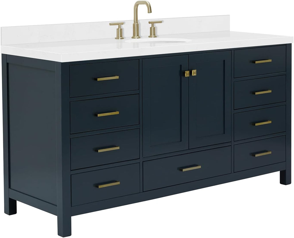 ARIEL Cambridge 66-inch Bathroom Vanity with Sink,Solid Wood, 1.5-inch Carrara White Quartz Countertop, Single Oval Porcelain Sink, 2 Soft Closing Doors, 9 Dovetail Drawers, Midnight Blue