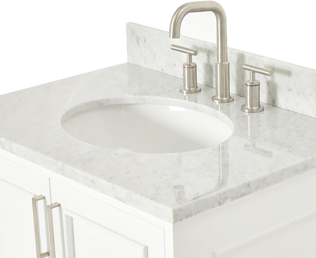 ARIEL Stafford 30-inch Bathroom Vanity with Sink,Solid Wood, 0.75-inch Italian Carrara Marble Countertop & Backsplash, Single Oval Porcelain Sink, 2 Soft Closing Doors, 1 Dovetail Drawers, White