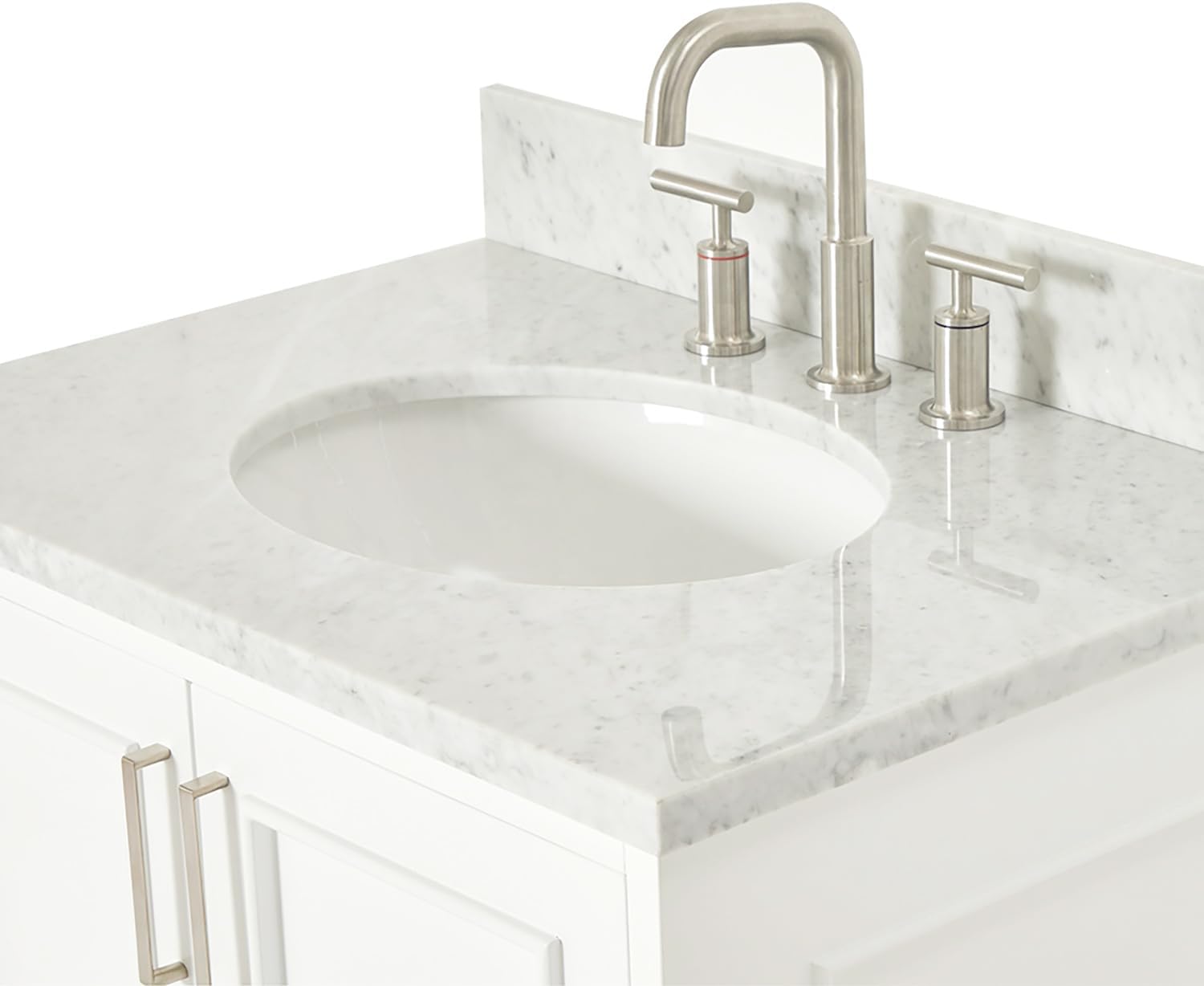 ARIEL Stafford 30-inch Bathroom Vanity with Sink,Solid Wood, 0.75-inch Italian Carrara Marble Countertop & Backsplash, Single Oval Porcelain Sink, 2 Soft Closing Doors, 1 Dovetail Drawers, White