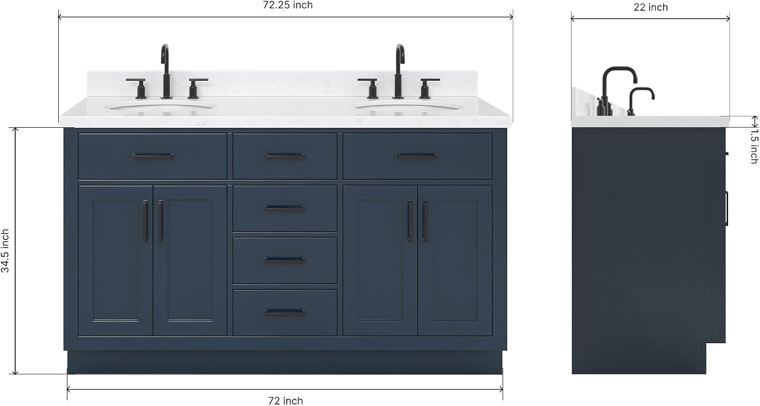 ARIEL Hepburn 72-inch Bathroom Vanity with Sink,Solid Wood, 1.5-inch Carrara White Quartz Countertop, Double Oval Porcelain Sink, 4 Soft Closing Doors, 6 Dovetail Drawers, Midnight Blue