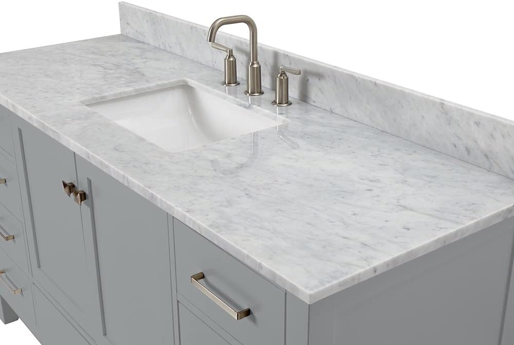 ARIEL Cambridge 60-inch Bathroom Vanity with Sink,Solid Wood, 0.75-inch Italian Carrara Marble Countertop, Single Rectangular Porcelain Sink, 2 Soft Closing Doors, 9 Dovetail Drawers, Grey