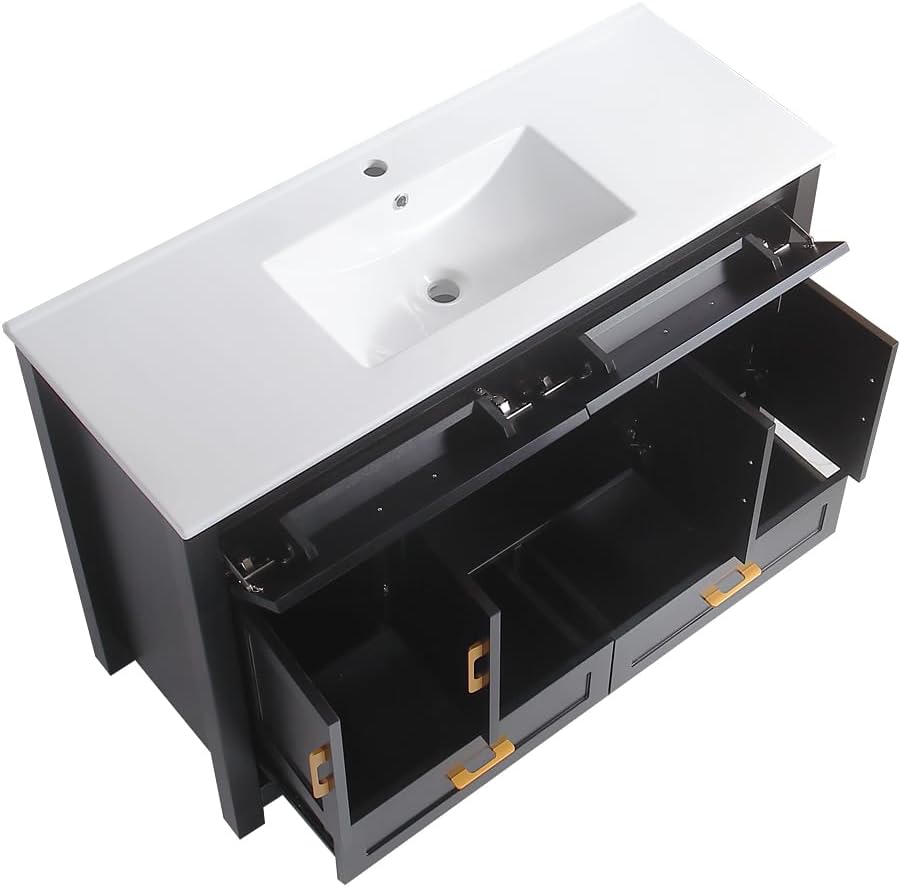 LUMISOL 48 Inch Bathroom Vanity with Ceramic Sink, Modern Wood Bathroom Cabinet with 4 Soft-Close Doors & 4 Drawers, Large Freestanding Single Vanity with Ceramic Sink, Black