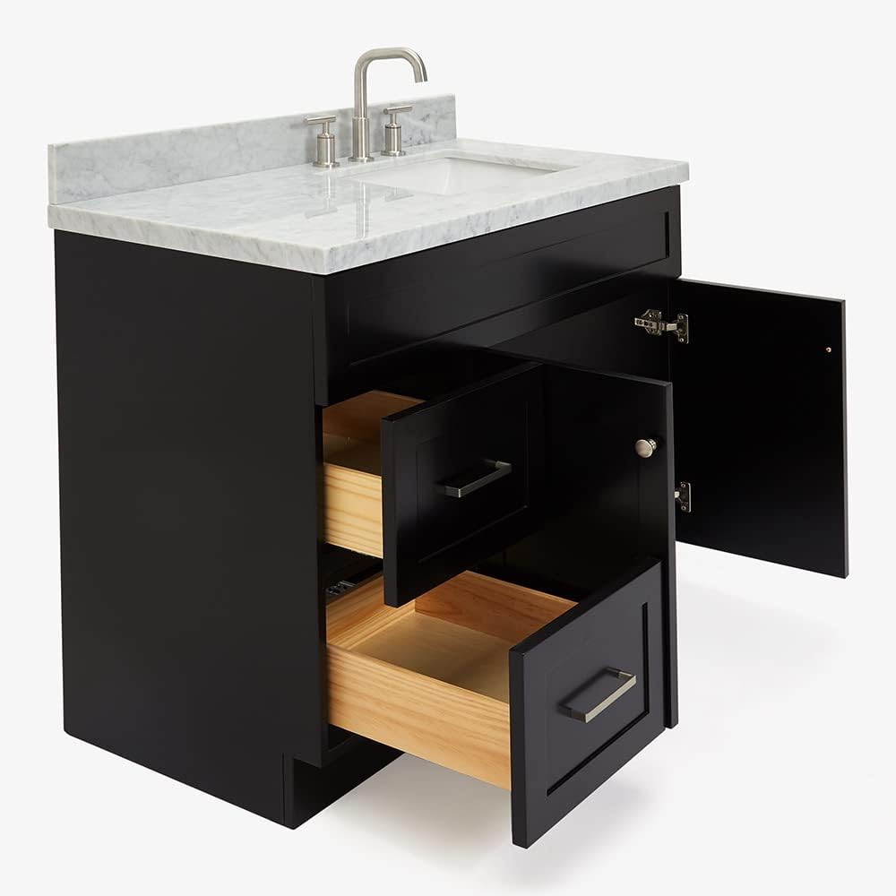 DKB Bradford 42' Black Single Bathroom Vanity with Rectangular Sink, 1.5' Edge Italian Carrara Marble Countertop, Solid Wood Frame, 2 Soft-Closing Doors, 2 Dovetail Drawers, Brushed Nickel