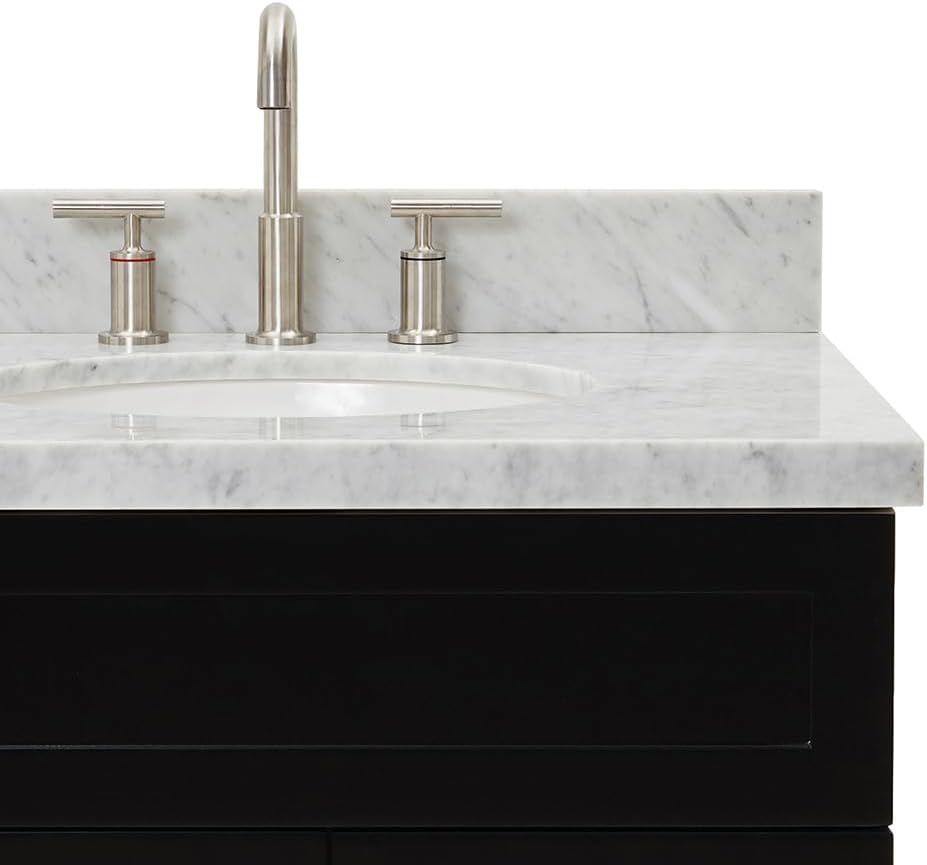 DKB Bradford 42' Black Bathroom Vanity with Sink, 1.5' Italian Carrara Marble Countertop, Solid Wood Frame, Oval Undermount Sink, Soft Closing Doors & Drawers