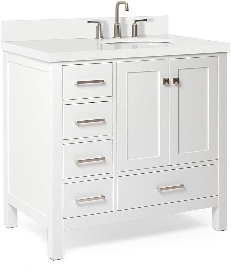 ARIEL Cambridge 36-inch Bathroom Vanity with Sink,Solid Wood, 1.5-inch Pure White Quartz Countertop & Backsplash, Single Oval Porcelain Sink, 2 Soft Closing Doors, 5 Dovetail Drawers, White