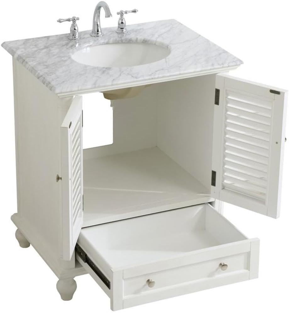 Pemberly Row 30' Single Marble Top Bathroom Vanity in Antique White