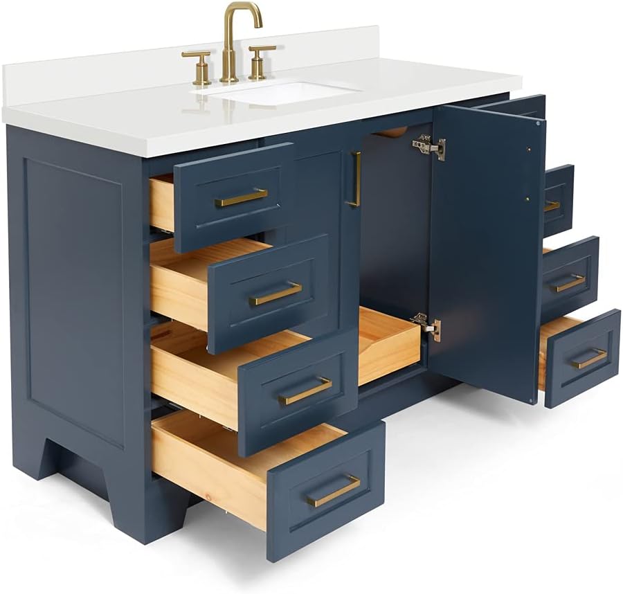 ARIEL Taylor 54-inch Bathroom Vanity with Sink,Solid Wood, 1.5-inch Pure White Quartz Countertop, Single Rectangular Porcelain Sink, 2 Soft Closing Doors, 9 Dovetail Drawers, Midnight Blue