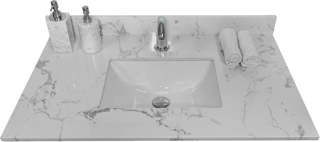 Runboll 37 x 22 inch Vanity Top Artificial Marble Stone Bathroom Vanity Sink Top Double Rectangle Under-mount Ceramic Sink with Single Faucet Holes and 1 Backsplash