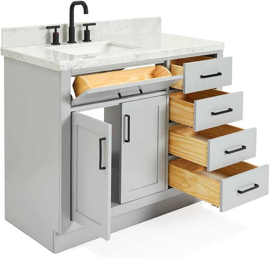 ARIEL 42' Gray Single Bathroom Vanity with Sink, 1.5' Edge Italian Carrara Marble Top, Solid Wood Frame, Rectangular Undermount Sink, 2 Soft Closing Doors, 9 Dovetail Drawers