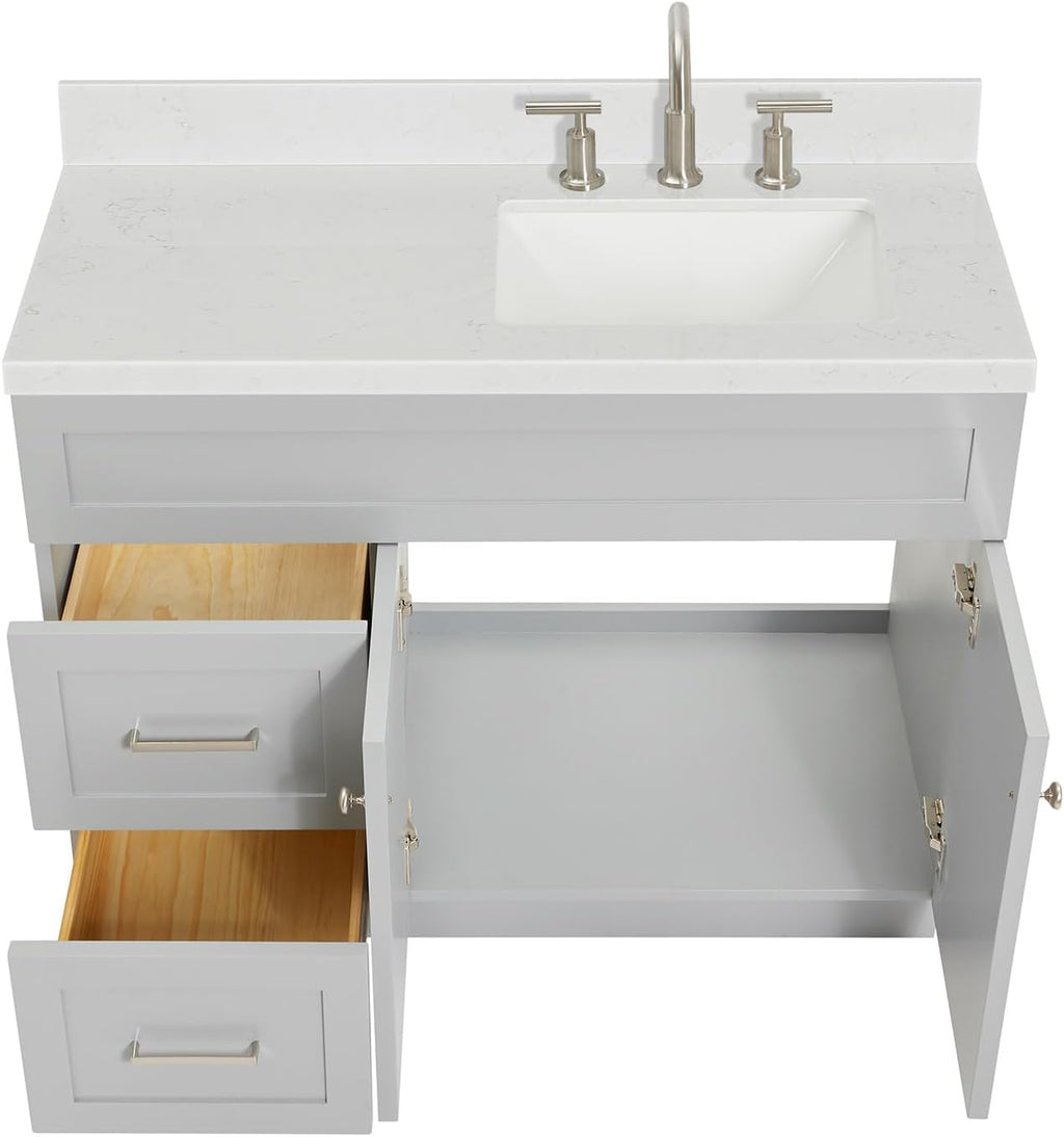 DKB Bradford 42' Gray Single Bathroom Vanity with Rectangular Undermount Sink, 1.5' Carrara Quartz Countertop, Solid Wood Frame, 2 Soft Closing Doors, 2 Full Extension Drawers, Brushed Nickel