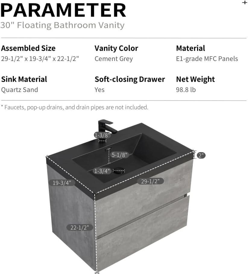 30' Floating Bathroom Vanity with Sink, Modern Wall-Mounted Bathroom Storage Vanity Cabinet with Black Quartz Sand Top Basin and Soft Close Drawers