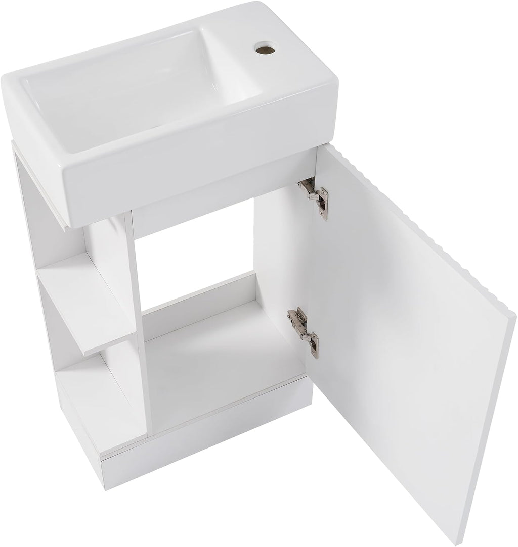 YOPTO 18.6' Bathroom Vanity with Ceramic Sink,Cabinet w/Two-Tier Shelf,Toilet Paper Holder and Shelf,Left or Right Orientation,Practicality & Durability,White