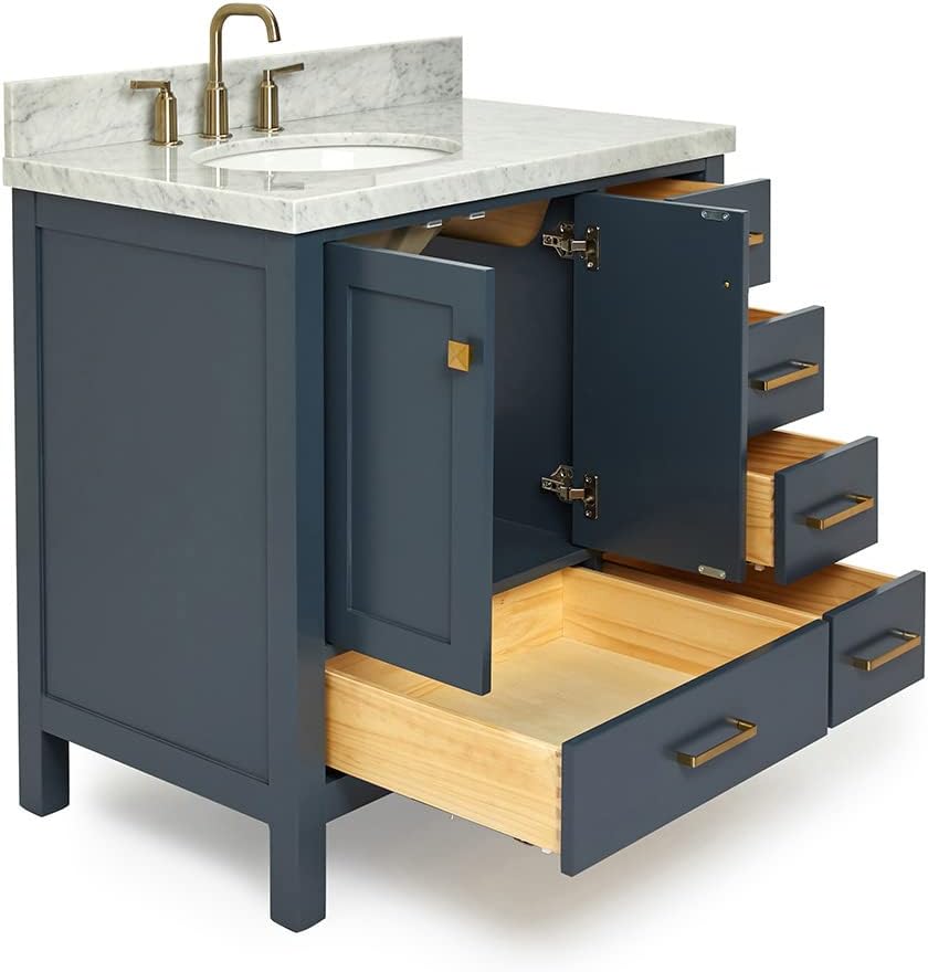 DKB Beckford 36' Midnight Blue Bathroom Vanity with Sink, Carrara White Marble Countertop, Oval Undermount Sink, Offset, 2 Soft Closing Doors, 5 Dovetail Drawers